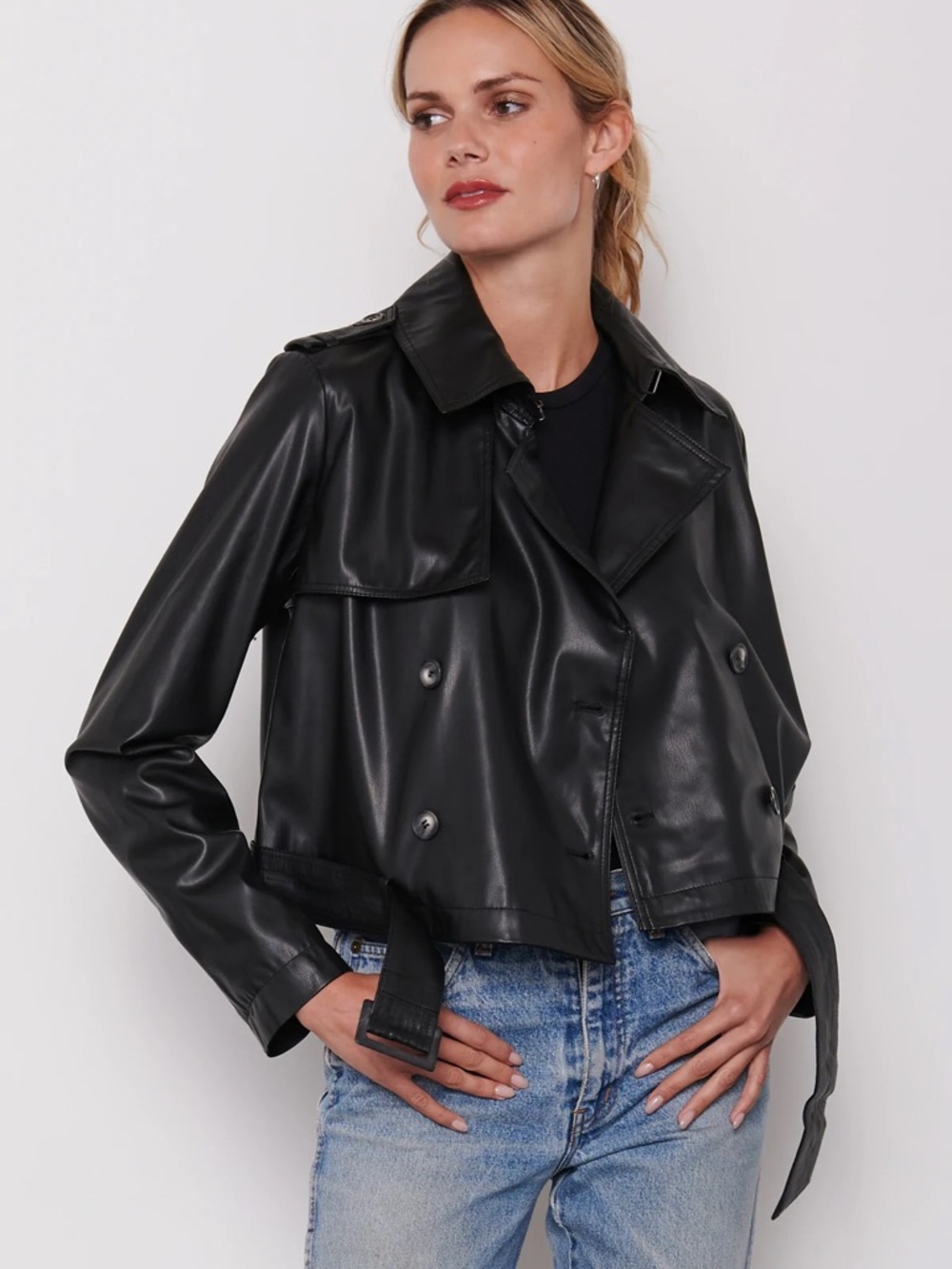Bailey 44 Black Faux Leather Cropped Double-Breasted Jacket
